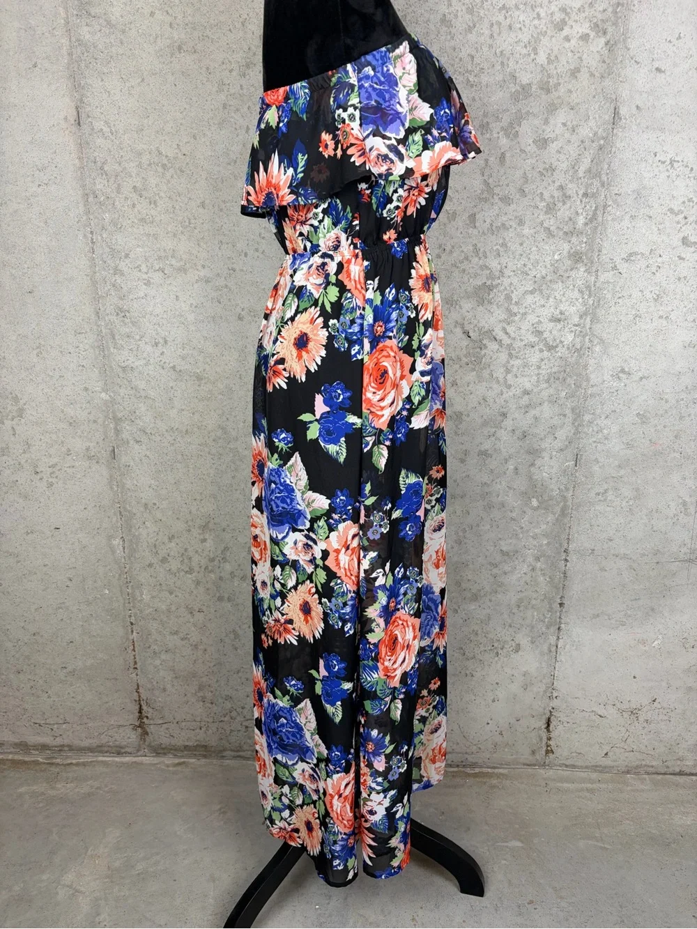 Forever 21 Floral Ruffle Strapless Maxi Dress Long Boho Vacation Fall Sz L EUC